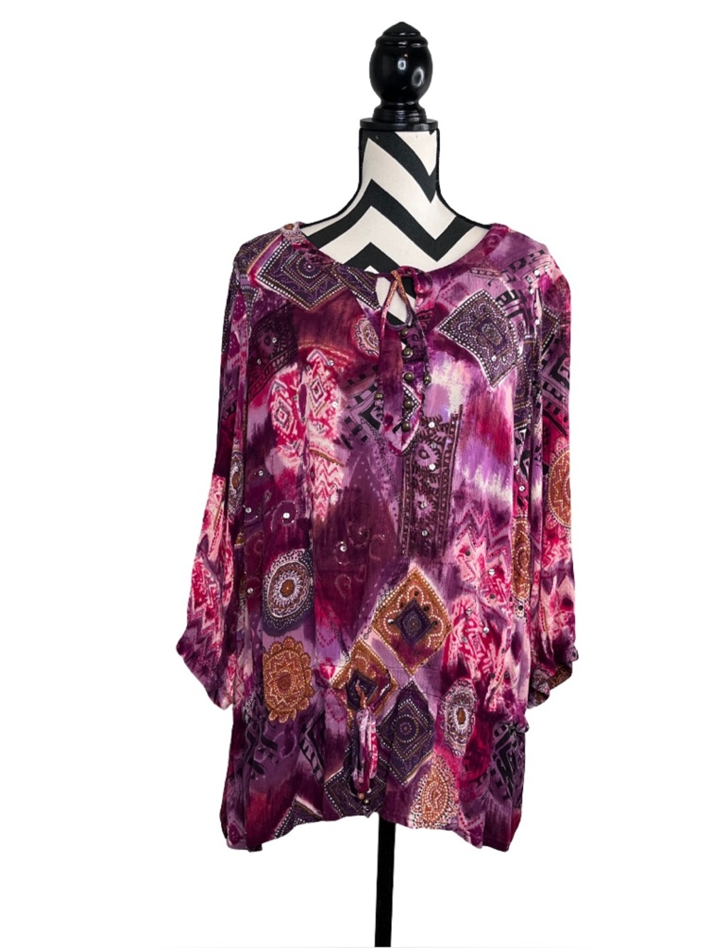 Dressbarn Sz 3X Boho Whimsigoth Patchwork 3/4 Sleeve Tunic Blouse